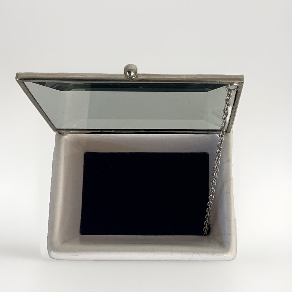 VTG White 3" Rectangle Porcelain Jewelry Box Glass Lid Metal Trim Velvet Lined
